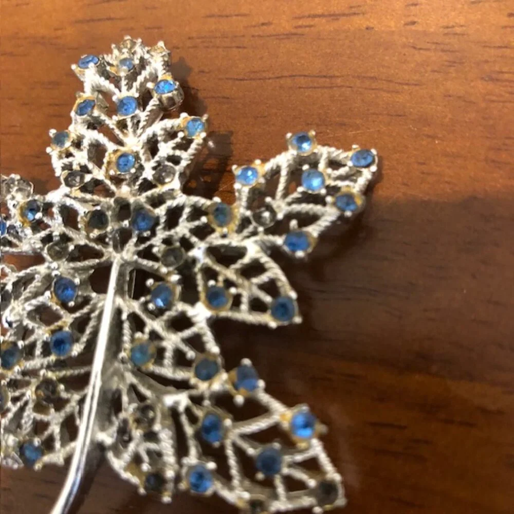 Silver Tone Blue Rhinestone Oversized Leaf Brooch Pin